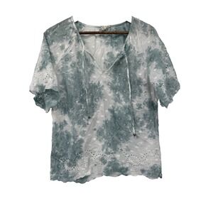 Studio West M Blue White Embroidered Boho Hippie Blouse Cotton Eyelet beachy